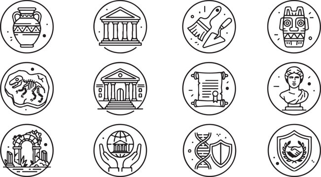 Minimalist line art vector icon set representing history archaeology museum exhibitions and global cultural heritage