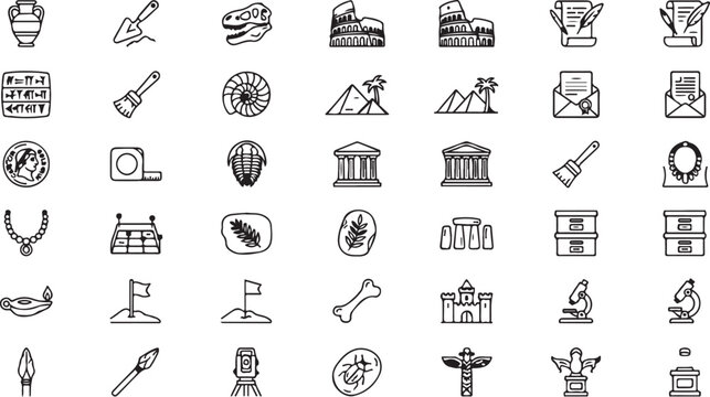 Minimalist line art vector icon set representing history archaeology paleontology museum artifacts and ancient landmarks.