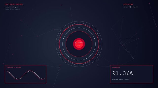 Industrial drilling automation monitoring displays showing real time data analytics through glowing red circular gauges with shifting mathematical patterns and oscillating wave forms on a dark screen