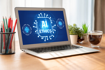 AI ethics responsibility standard law and rules on computer screen provide report of AI ethic...