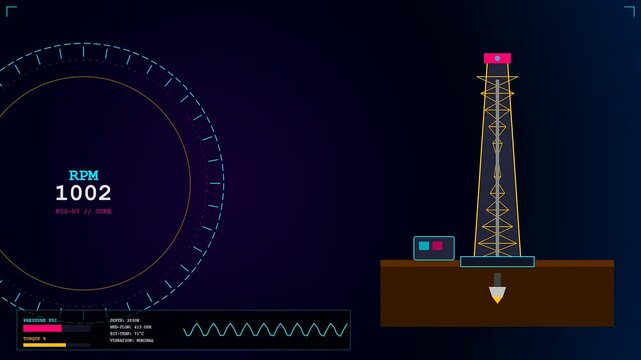 a drilling automation interface displays live telemetry metrics and rotating bit depth progression as the industrial rig monitors subterranean activity within a dark digital monitoring screen