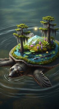 Giant turtle carrying a magical swamp ecosystem on its shell