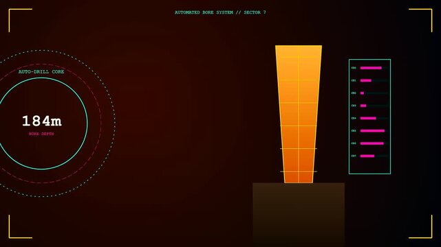 Industrial drilling automation displays showing numerical depth telemetry and oscillating energy bars on a dark screen interface as subterranean mining exploration occurs in a simulated environment