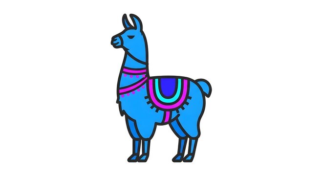 Colorful cartoon llama illustration with vibrant blue and purple patterns