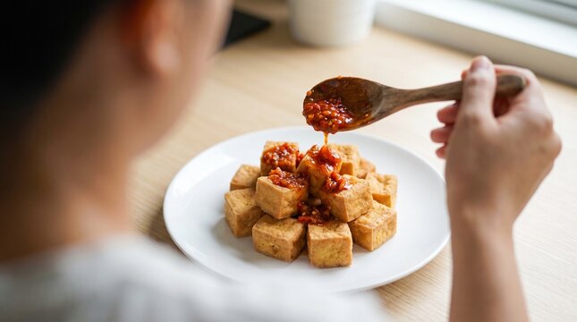 Hand drizzling sambal on tofu