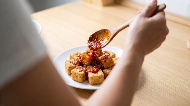 Hand drizzling sambal on tofu