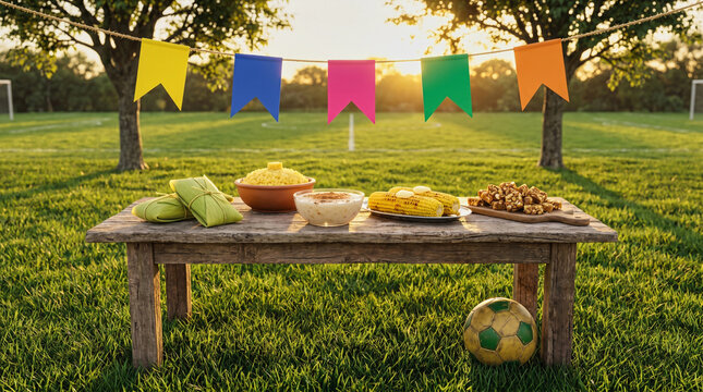 Festa Junina food spread on a rustic table with soccer field background