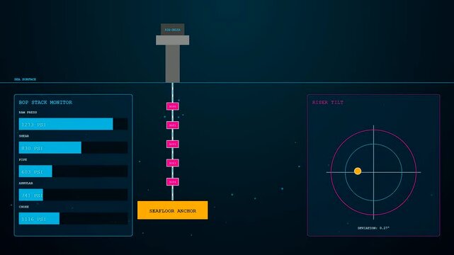A detailed drilling automation interface display shows fluctuating pressure levels and seafloor anchor coordinates during real time oceanic subsea operation monitoring in a dark digital space