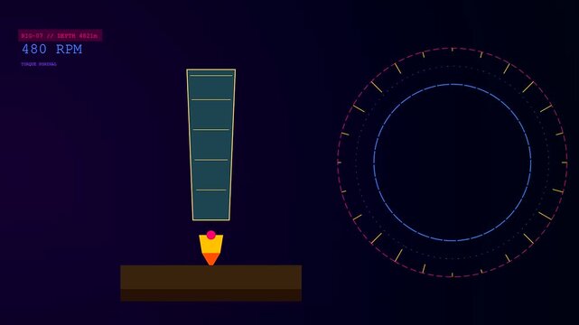 Digital displays showing drilling automation as a rotating indicator spins above a dark flat platform in a futuristic interface with increasing revolutions per minute rates