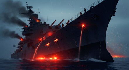Fototapeta premium Warship firing ammunition at night in middle of ocean. Sailors on deck during naval combat engagement. Military maritime operation and heavy artillery defense. Armed vessel in battle.
