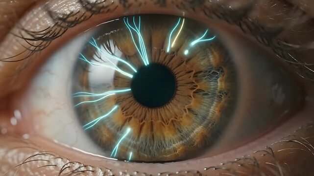 Futuristic macro shot of human eye with electric lightning patterns on iris