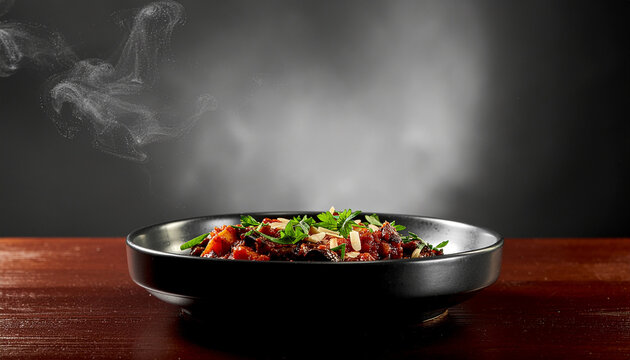 Steaming Gourmet Saut&Atilde;&copy;ed Dish with Fresh Herbs on a Dark Wooden Table