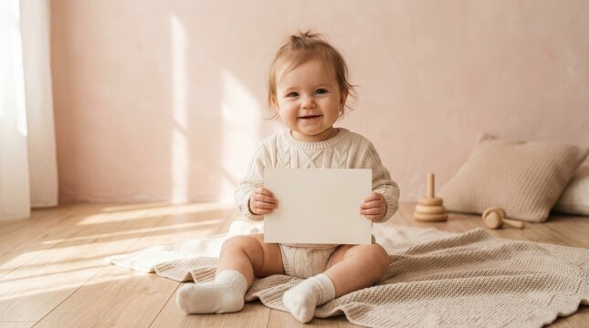 Child sits on a soft floor mat holding a blank white card for custom text placement.