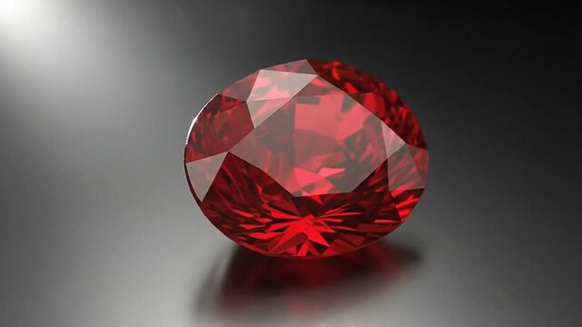 A brilliant red ruby gemstone rests on a dark reflective surface