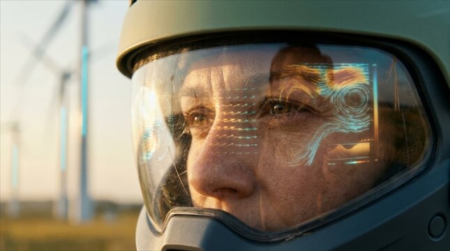 Astronaut wearing helmet with futuristic HUD displaying wind data near wind turbines