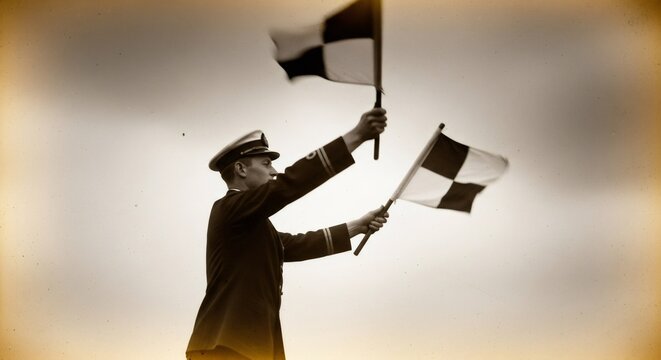 Sailor using flag semaphore to send signal at sea. Military man in uniform communicating with maritime flags. Historical war communication system, navy signals and tactical signaling.