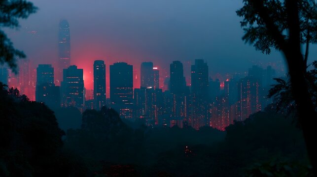 A vibrant urban skyline featuring colorful neon accents set against a peaceful natural backdrop