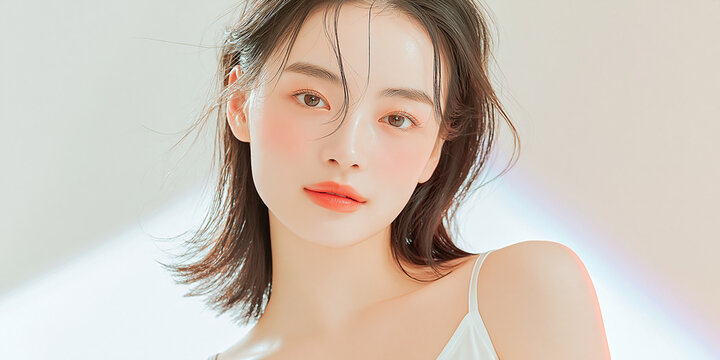 美容, 女性, スキンケア, 化粧品, ビューティー, 若い女性, 美肌, 日本人, アジア人, フェイシャル, メイク, 美容液, 保湿, クリーム, エイジングケア, 美容医療, エステ, 美容クリニック, 肌ケア, ナチュラルメイク, 透明感, ツヤ肌, モデル, 笑顔, ポートレート, クローズアップ, リラックス, 癒し, 健康的, 美白, コラーゲン, ヒアルロン酸, アンチエイジング