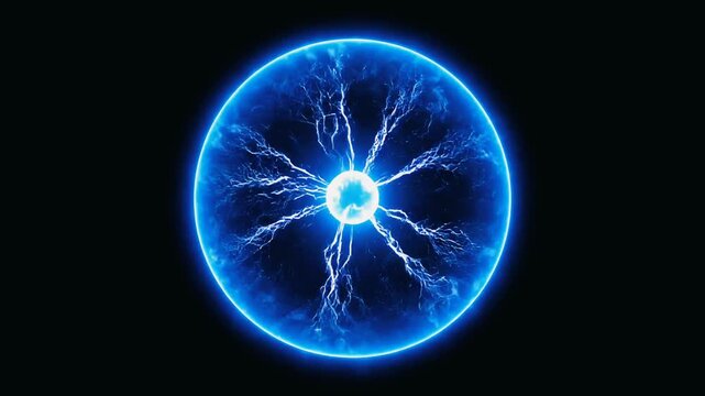 Glowing blue plasma ball with electric lightning discharges on a dark black background.