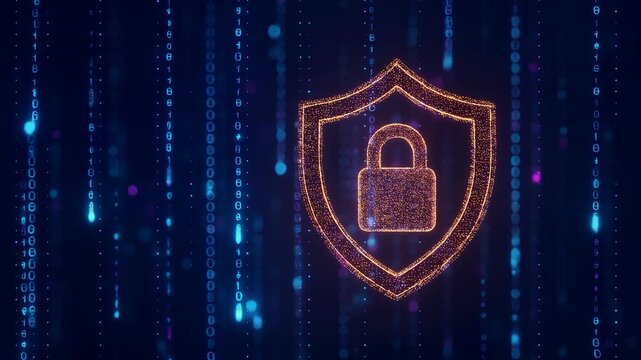 Glowing security shield padlock digital binary code abstract animation seamless loop