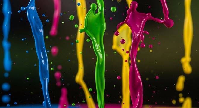 Vibrant Liquid Splashes of Blue Yellow Green and Pink Paint in Motion.