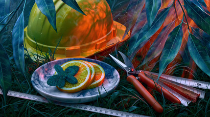 Fototapeta premium Hard Hat Still Life with Lemon, Mint, Shears and Tape Measure