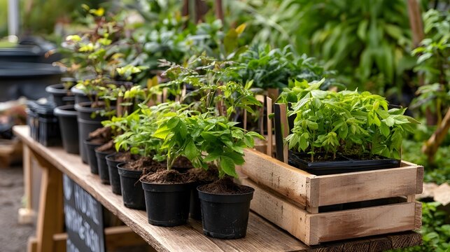Front view of a participatory composting station filled with saplings ready for planting in the garden