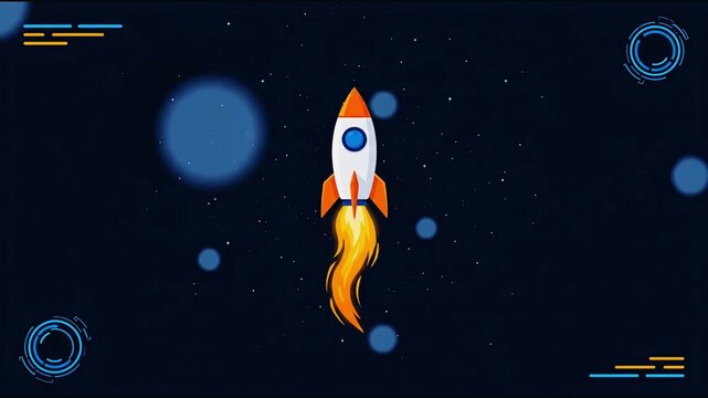 Cartoon rocket ship flying through deep space with stars and digital interface elements.