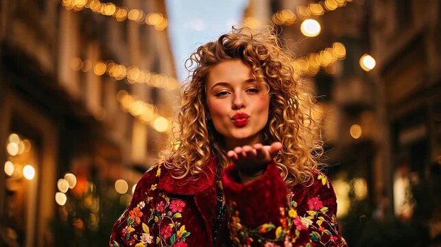 Woman in red coat blowing kiss