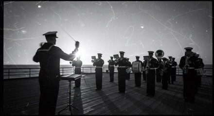 Fototapeta premium Military navy band performing on ship deck at sunset. Man conductor leading group of soldiers playing brass instrument. Historical wartime music performance and patriotic ceremony scene.