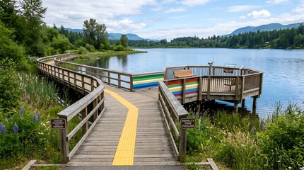 Obraz premium Accessible lakeside boardwalk with tactile paths and scenic view