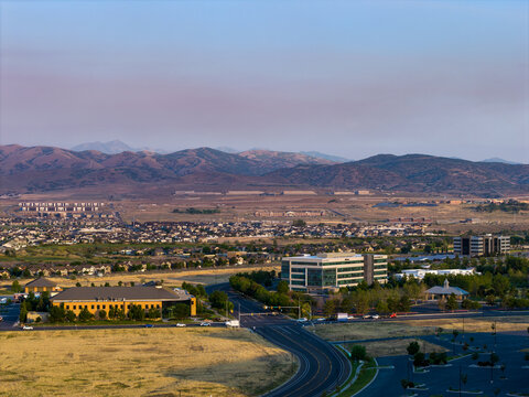 Aerial view of office buildings and suburban development in Lehi, Utah, United States.