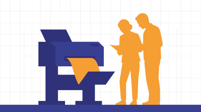 Engineers reviewing blueprint from large format printer vector