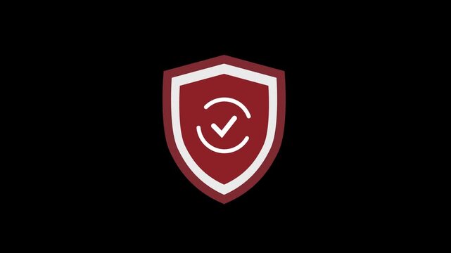 4K Red badge with shield and check mark animation. Right mark with protect shield. Shield with check mark. Motion graphic. Transparent background 