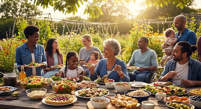 Multi generational family enjoying traditional meal outdoors.