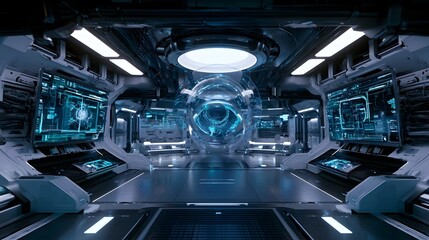 Fototapeta premium A futuristic digital cybernetic laboratory features floating interfaces that evoke a sense of calm wonder and advanced technological explo n
