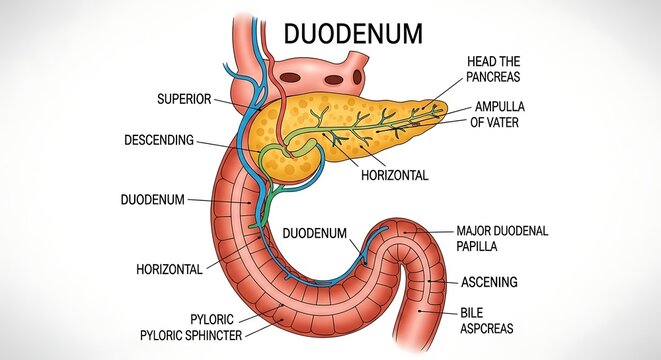 Anatomical diagram of human duodenum and pancreas.