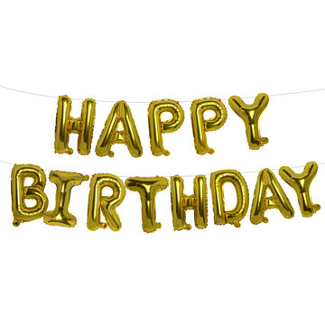 Gold Happy Birthday Foil Balloon Banner Decoration on Transparent Background png