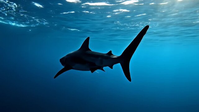 Silhouette of a Majestic Shark Swimming Underwater in Deep Blue Ocean with Sunlight Filtering Through the Surface