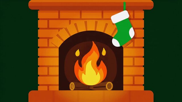 A festive brick fireplace with a burning fire and a green Christmas stocking hanging.