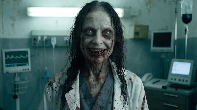 Terrifying Zombie Nurse with Blood Stains in Hospital Room