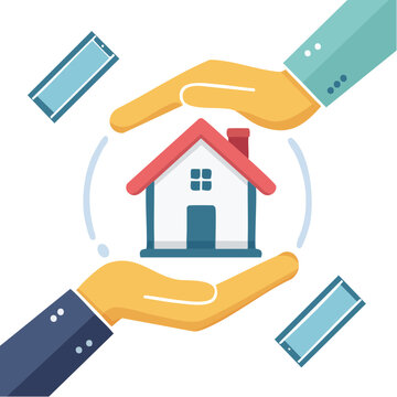Hands protecting a house with floating icons
