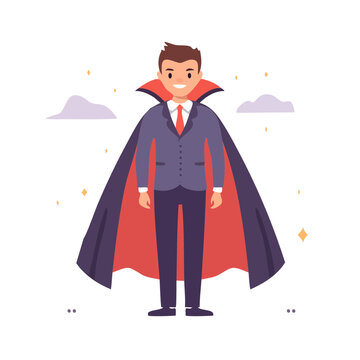 Man in Cape and Suit Flat Vector Illustration