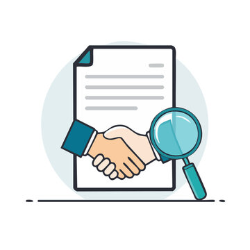 Handshake with contract and magnifying glass vector illustration