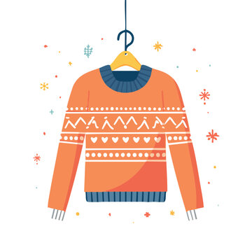 Orange knitted sweater with winter patterns on hanger