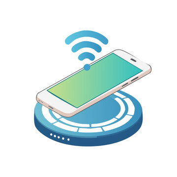 Smartphone on wireless charger with signal waves