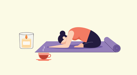 Fototapeta premium A calm illustration shows a woman in a yoga child's pose on a purple mat, accompanied by a glowing candle and a steaming cup of herbal tea.