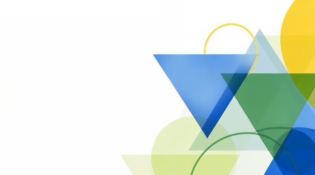 Abstract geometric background with colorful overlapping triangles and circles on white.