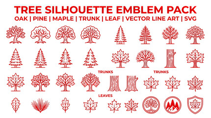 Tree Silhouette Emblem Pack - Oak, Pine, Maple, Trunk, Leaf Vector Icons © Lilis
