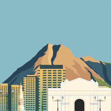 Yogyakarta City Skyline Horizontal Banner with Merapi Mountain and  monument 